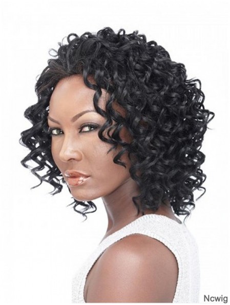 Curly Brazilian Remy Hair Black Shoulder Length Natural 3/4 Wigs