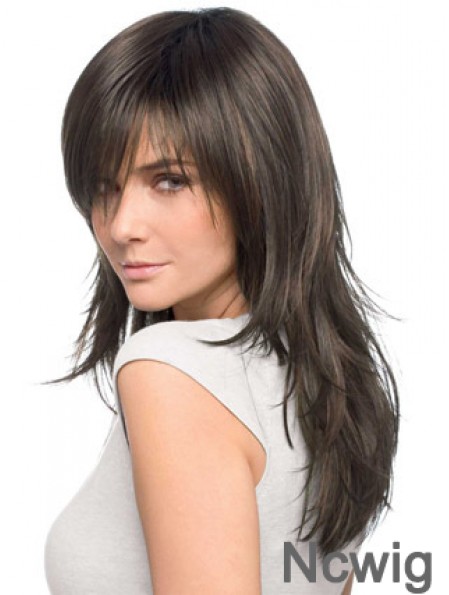 Ncwig Best Quality Realistic Brown Straight Remy Human Hair Easy Long Wigs With Bangs