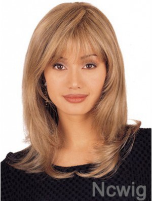 Straight Human Hair Lace Wigs Shoulder Length Blonde Color Layered Cut