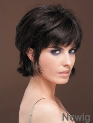Naturally Straight Human Hair Wig With Bangs Capless Short Length Black Color