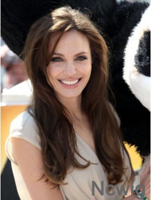 Monofilament Human Hair Angelina Jolie Wigs Long Length Straight Style Brown Color