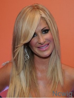 Kim Zolciak Wigs With Bangs Lace Front Long Length Blonde Color Human Hair Wigs