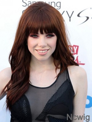 Carly Rae Jepsen Wigs With Bangs Long Length Wavy Style Auburn Color