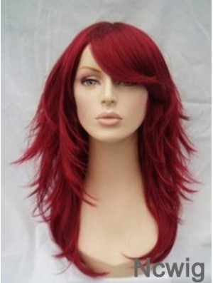 Red Human Hair Wigs Full Wig With Bangs Wavy Style Shoulder Length