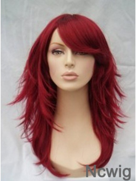 Red Human Hair Wigs Full Wig With Bangs Wavy Style Shoulder Length