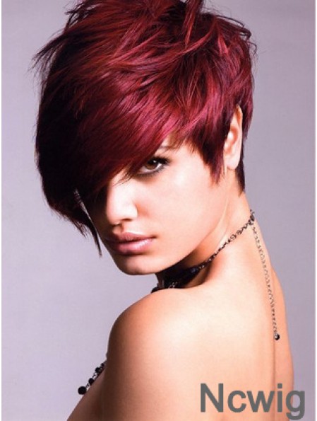 Human Hair Lace Front Wig With Bangs Short Length Red Color