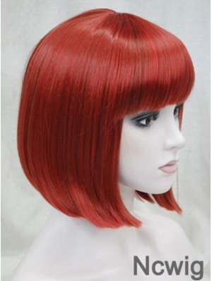 Human Hair Lace Front Wig Chin Length With Bangs Red Color