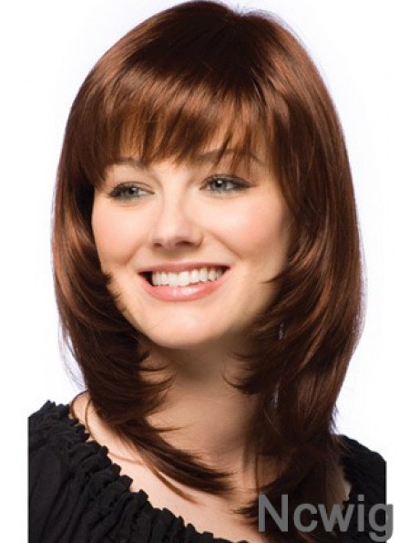 Fashionable Auburn Straight Shoulder Length Human Hair Wigs With Bangs