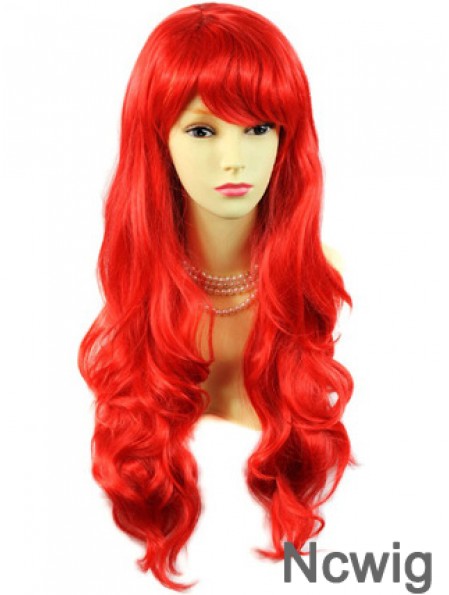 Hot Sale Human Hair Long Wavy With Bangs 24 Inches Red Wigs 