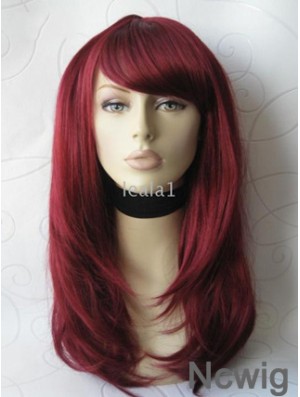 Front Lace Wig With Bangs Long Length Straight Style Red Color