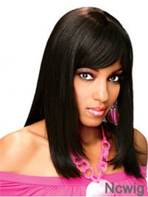 Full Human Hair Wigs With Bangs Full Lace Shoulder Length Black Color