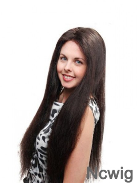 Straight Without Bangs 100% Hand-tied Sleek 26 inch Black Long Wigs