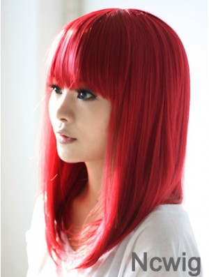 Red Synthetic Wigs With Bangs Shoulder Length Straight Style