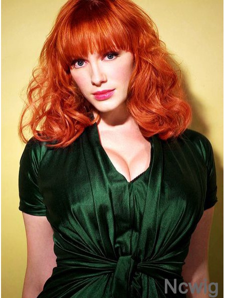 Capless Wavy With Bangs Shoulder Length 16 inch Sleek Human Hair Christina Hendricks Wigs