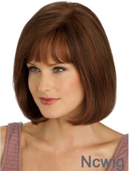 Real Hair Long Bob Wigs With Monofilament Straight Style Auburn Color