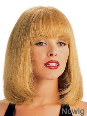 Human Hair Wig Blonde With Bangs Straight Style Shoulder Length