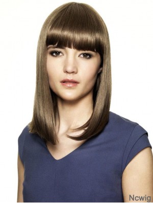 With Bangs Ideal Straight Brown Shoulder Length Human Hair Wigs