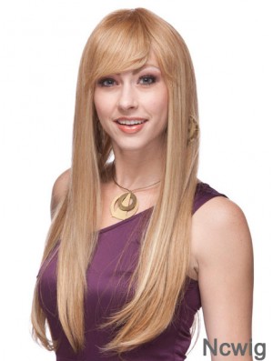 Straight With Bangs Monofilament Blonde Top Long Wigs