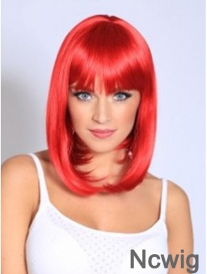 Straight With Bangs Shoulder Length Red Fashionable Lace Front Wigs