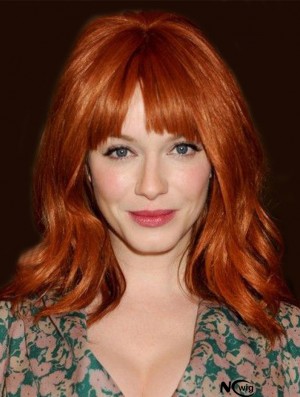 Capless Wavy With Bangs Shoulder Length 16 inch Beautiful Human Hair Christina Hendricks Wigs