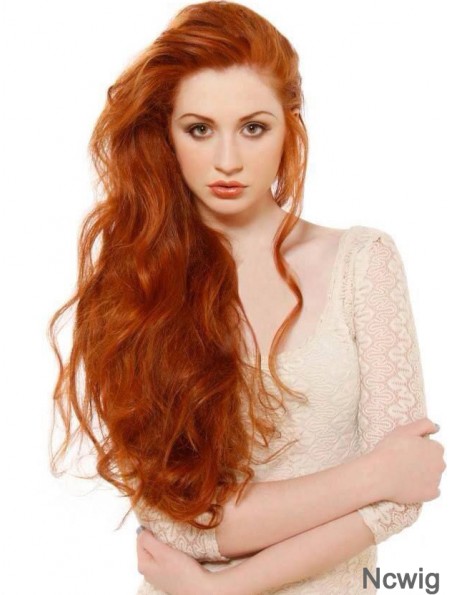 Without Bangs Long Copper Wavy 24 inch Soft Human Hair Beyaz Tenliler Wigs