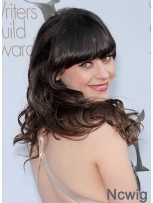 Convenient Brown Long Wavy 22 inch With Bangs Zooey Deschanel Lace Front Wigs 