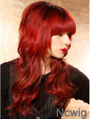 Human Hair Red Wigs Wavy Style Long Length With Bangs