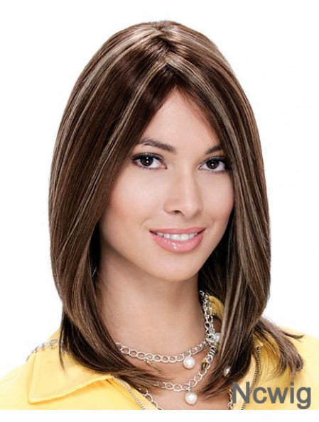 16 inch Brown Shoulder Length Layered Straight Natural Lace Wigs