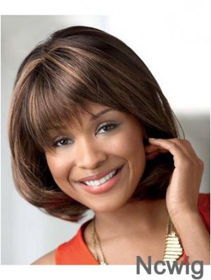 Chin Length Brown Straight Bobs Durable African American Wigs