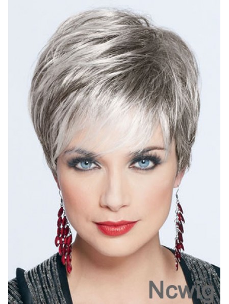 Short Grey Wig With Monofilament Synthetic Straight Style Cropped Length