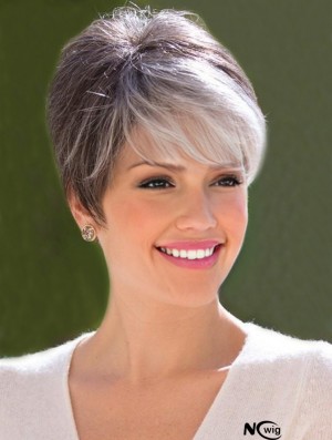 Grey Cropped Straight Capless Boycuts Short Synthetic Wigs For Old Women