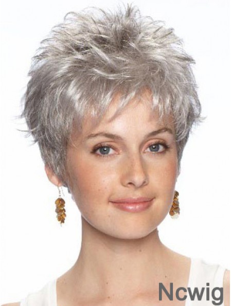 Short Grey Wig With Synthetic Lace Front Wavy Style Grey Cut