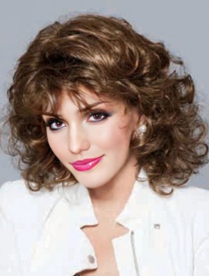 No-Fuss Brown Shoulder Length Curly With Bangs Lace Front Wigs