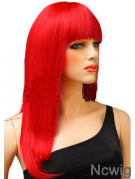 Synthetic Red Hair Wig With Bangs Long Length Straight Style