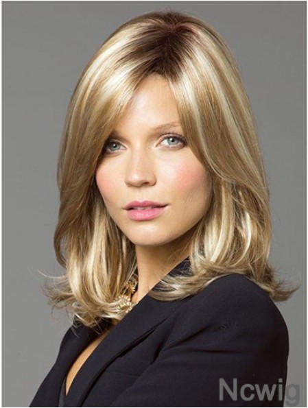 Wavy With Bangs Shoulder Length Blonde Online Lace Front Wigs