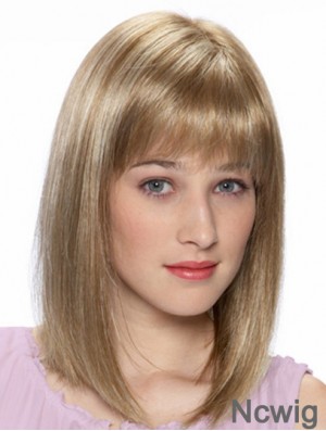 Blonde Shoulder Length Straight With Bangs 14 inch Cheap Medium Wigs