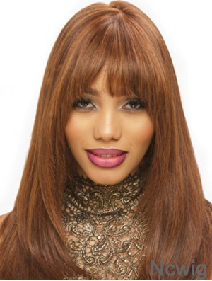 Synthetic Brown Straight With Bangs Monofilament Hand Tied Wigs