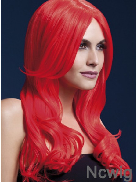 Synthetic Long Hair Wigs Red Color Wavy Style With Capless