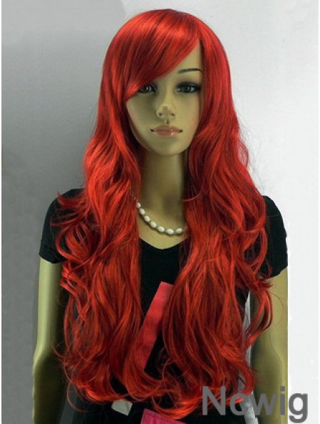 24 inch Wavy With Bangs Capless Red Affordable Long Wigs