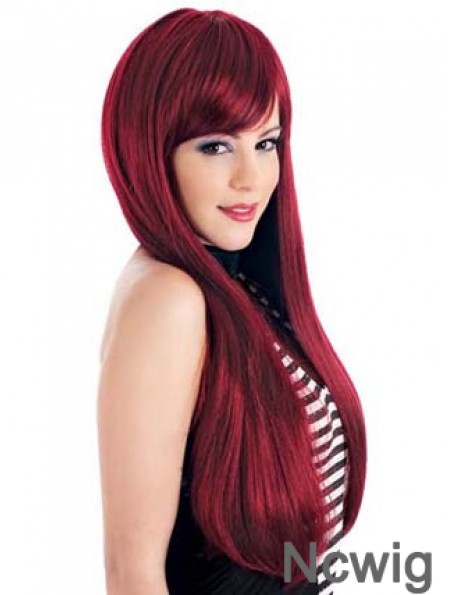 Straight With Bangs Lace Front Ideal 24 inch Red Long Wigs