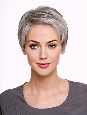 Monofilament 5 inch Cropped Synthetic Straight Grey Wigs