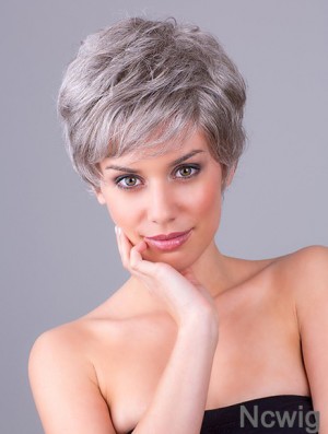 Synthetic Monofilament 8 inch Layered Wavy Grey Wigs Short
