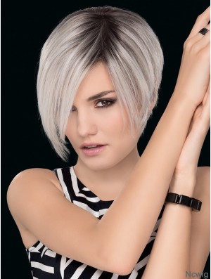 Grey 7 inch Straight Without Bangs Hand Tied Wigs