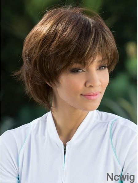 Straight Brown With Bangs 8 inch Mono Top Wigs