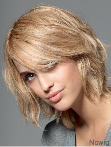 With Bangs Blonde Wavy Shoulder Length 10 inch No-Fuss Medium Wigs