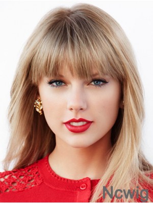 Long Blonde Straight Lace Front Wigs With Bangs Sleek Taylor Swift Synthetic Wigs