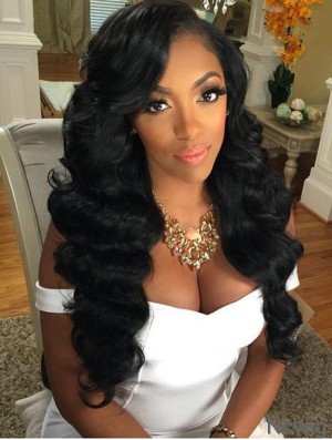 Remy Human Hair Black Wavy 22 inch Without Bangs 360 Lace Wigs