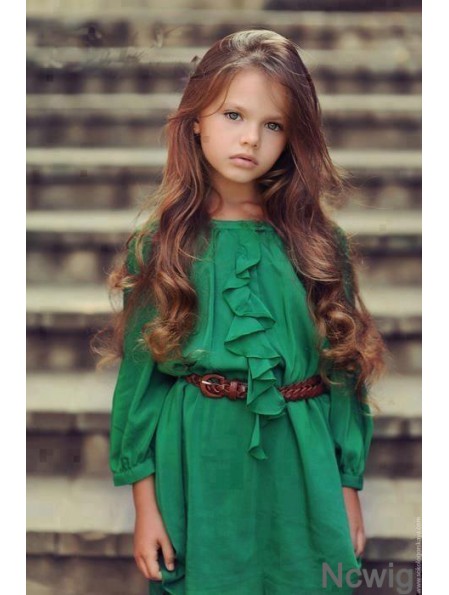 Hand-Tied Wavy Long Auburn Remy Human Hair Lace Front Monofilament Kids Wigs