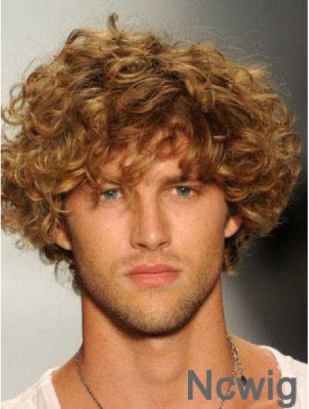 Blonde 8inch Remy Human Hair Curly Layered Capless  Mens Wigs