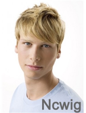 Remy Human 100% Hand Tied Short Wavy Blonde Wigs For Men